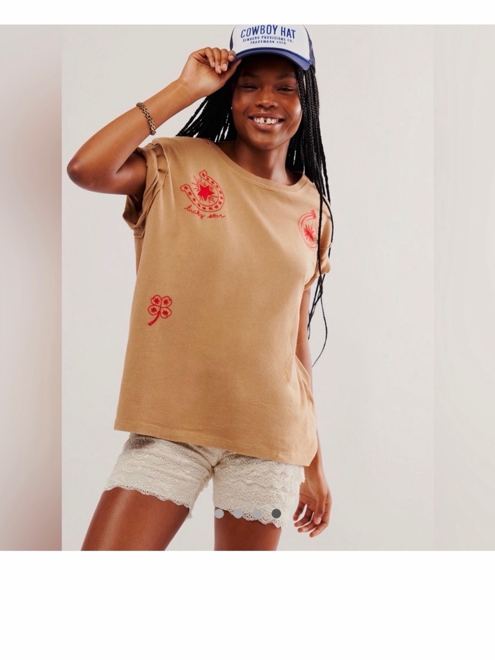 Free People Horsin Around Tan Short Sleeve Tee with Red Embroidered Accents